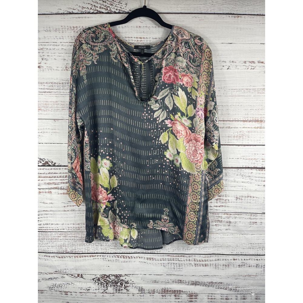 Dressori Tunic Top Women's Large Black Floral Paisley Boho Print Rayon Viscose